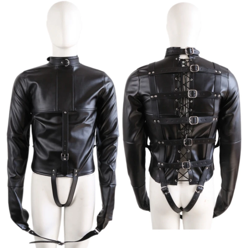 Leather SM Lingerie Straitjacket with Crotch Strap BDSM Bondage Body Harness Adult Game Straight Jacket Sex Toys for Women