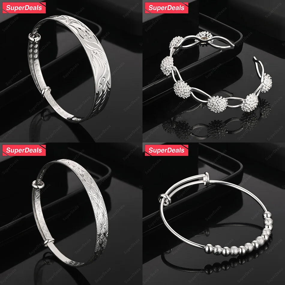 

SuperDeals 925 Sterling Silver Frosted Smooth Beads Flowers Round Adjustable Bangles Women Wedding Party Fashion Fine Jewelry