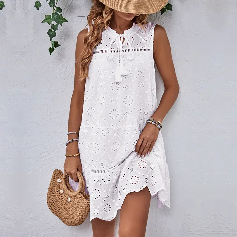 

2024 summer new European and American women's clothing cross-border fashion vacation white dress