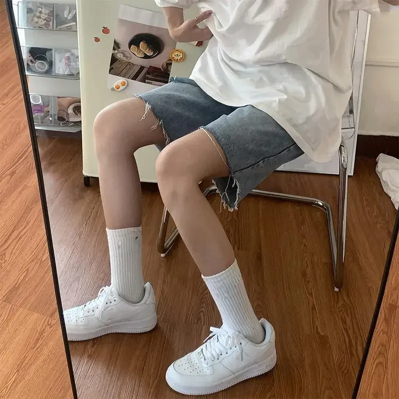 Women Shorts High Waist Denim Knee Length All-match Street Cool Hole Females Leisure Chic Loose Elegant Straight Slim Fashion