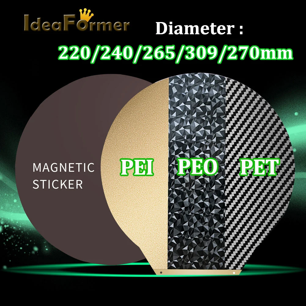 

Double Heated Bed PET/PEO+PEI Spring Steel Sheet PEI Bed Diameter 220/240/265/309/270mm Round For Rostock Delta Kossel/Flsun