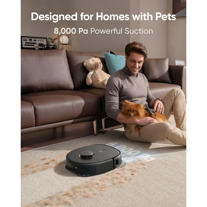 eufyX10 Pro Omni Robot Vacuum and Mop ดูด 8,000 Pa, ไม้ถูพื้นคู่พร้อมการยกอัตโนมัติและการตรวจจับพรม 12 มม., การหลีกเลี่ยงอุปสรรค AI