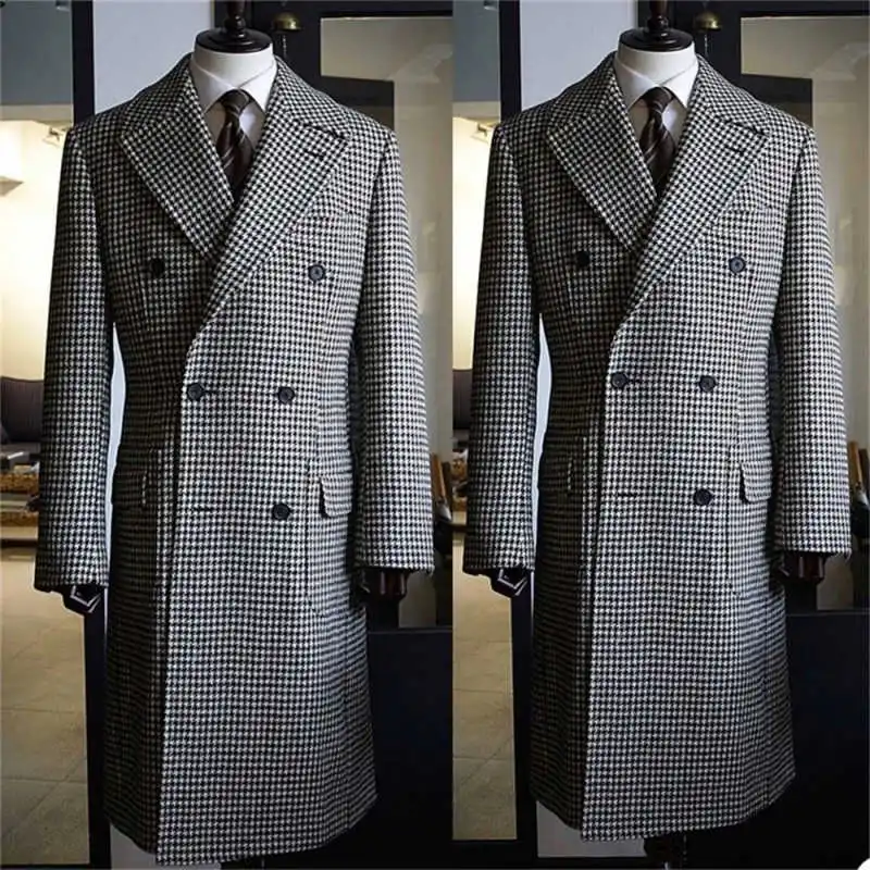 

Houndstooth Men Long Coat Double Breasted Wool Blends Plaid Wedding Tuxedos One Piece Set Winter Warm Overcoat Customized