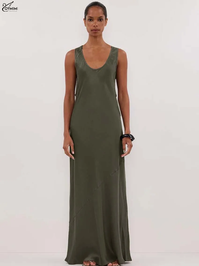 

Oymimi Causal Green O-Neck Womens Dresses Eleagnt Sleeveless Simple Zipper Dresses Fashion Straight Floor-Length Dress Female