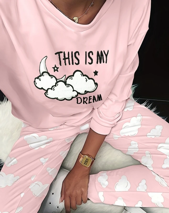 

Pajamas Pants Set Women 2 Piece Spring New Round Neck Long Sleeves Top and Casual Home Pant Graphic Print Fashion Pajamas Set