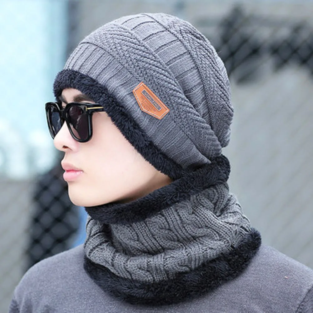 

2pcs Warm Knitted Beanie For Men One Size Grey Stretchy Criss-Cross Design Fashion Winter Cap Outdoor Sports Riding Hat