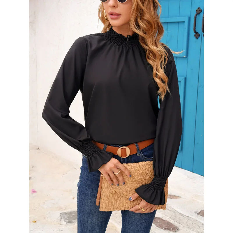 2023 New Autumn Fashion Simple High Neck Clear Lace Pleated Long Sleeve Temperament Commuter Versatile Women's Unique Top