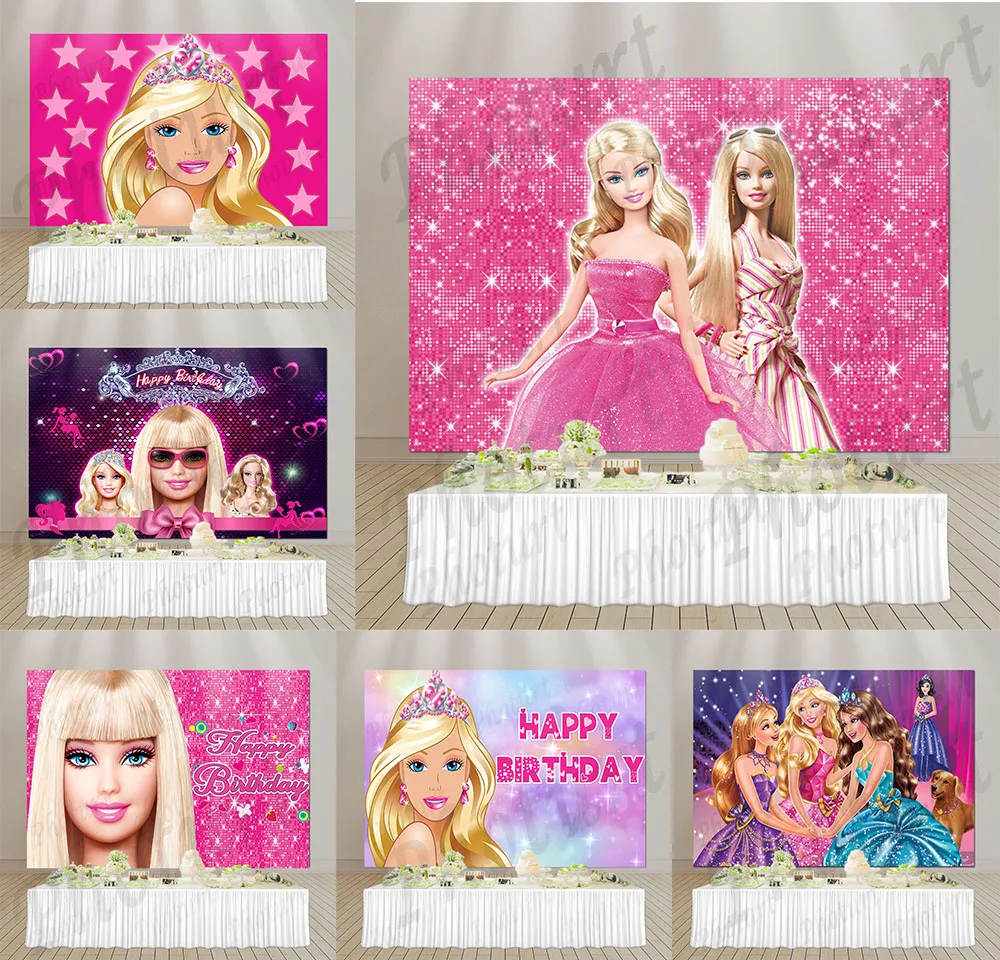 

Disney Pink Princess Backdrop Birthday Party Supply Photo Background Cute Golden Doll Vinyl Photography Banner Decoration Props