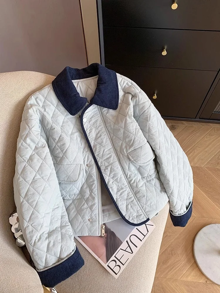 

Молодежный студенческий Sle Color Blo с ромбовидным узором, хлопковый тюре, свободный крой, легкий, осенне-зимний, корейский модный...