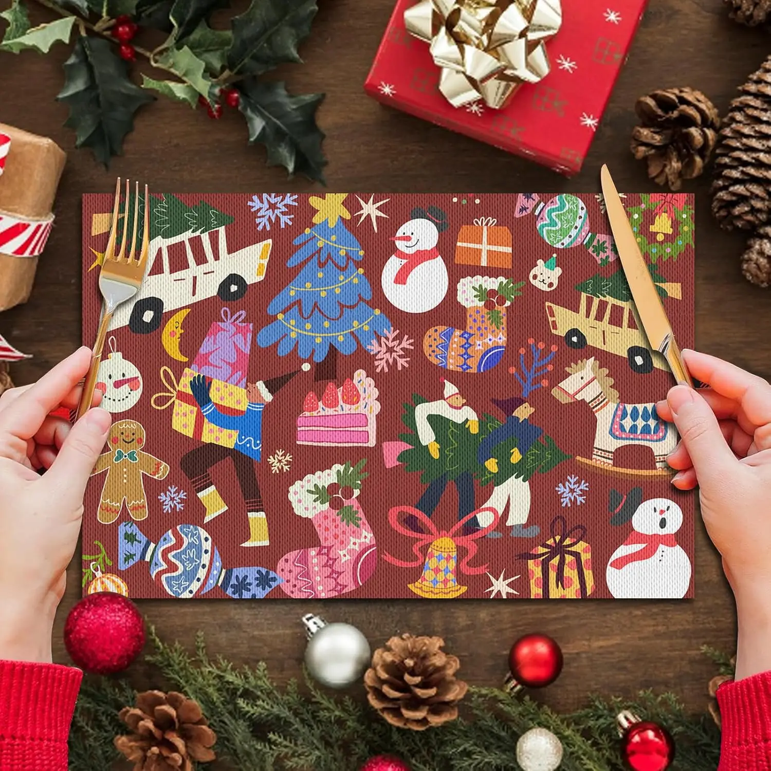 Christmas Placemat Set of 4 placemat Cute Cartoon Santa Placemat Cloth Red Christmas Kitchen mat Family Centerpiece
