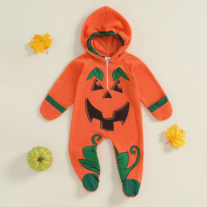 Newborn Baby Boys Girls Halloween Pumpkin Costume Winter Warm Long Sleeve Hooded Romper Footies Cute Warm Infant Jumpsuit