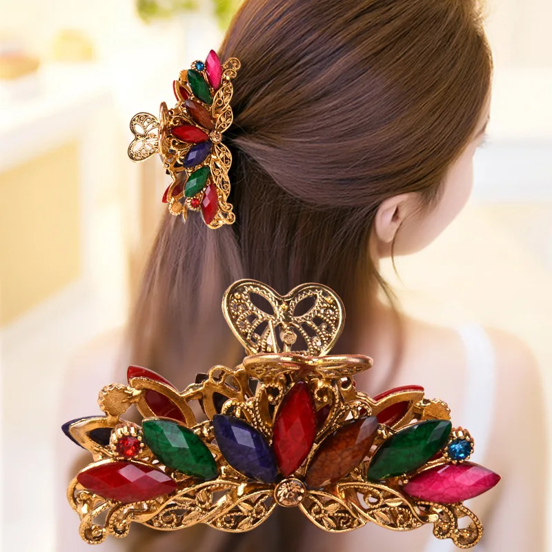 NEW Vintage Crystal Resin Flower Hair Claw Crab Jewelry  Peacock Clip Women Banquet Hairpin Accessories