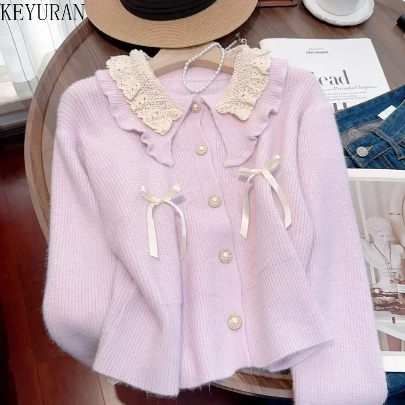 Sweet Peter Pan Collar Sweater Coat Women Autumn Winter Chic Loose Outwear Female Elegant Bow Knitted Cardigan Mujer Crop Tops