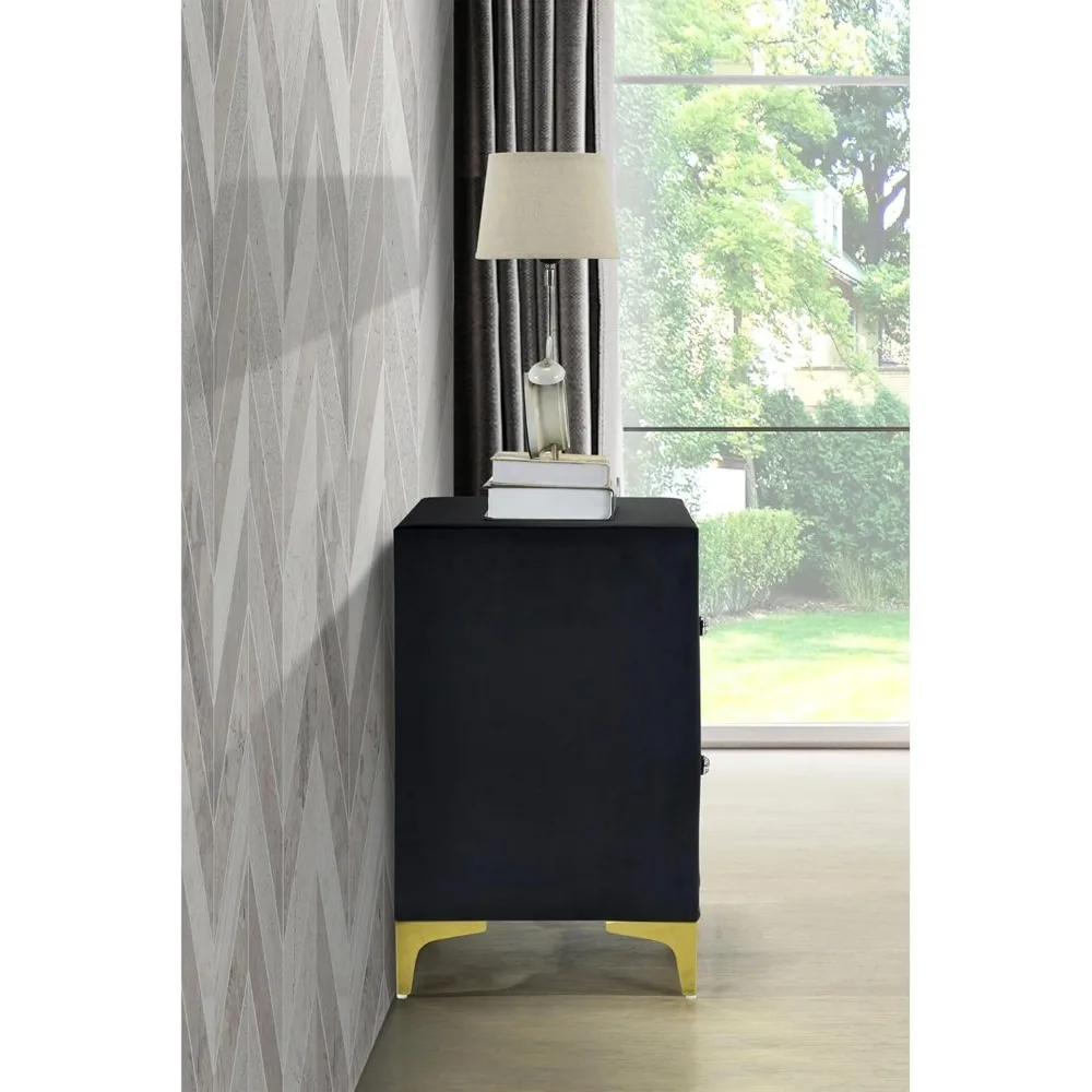 منضدة مونيك فيلفيت سوداء بأرجل ذهبية وزخرفة ومقابض كريستالية - مجمعة بالكامل