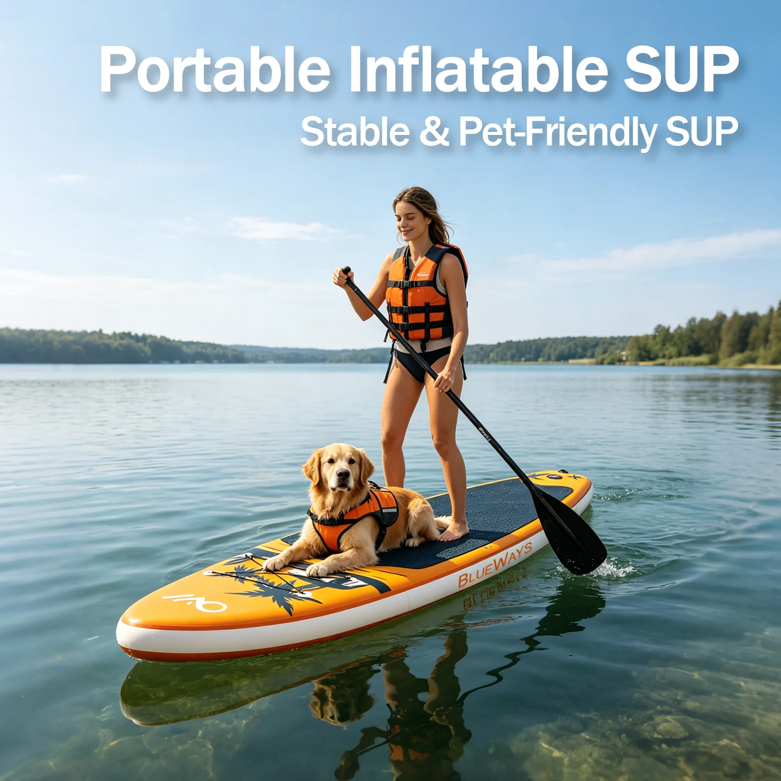 Tropical Orange Inflatable Paddle Board, 11 Inch Drop Stitch, Coconut Tree Pattern, Stand Up SUP, Portable and Durable