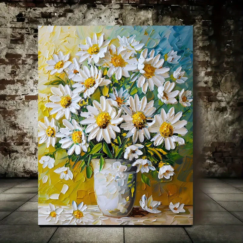 Palette Knife Floral Canvas Wall Art - Elegant Daisy Flowers in Vase Painting - Waterproof Artwork for Living Room, Home Decor