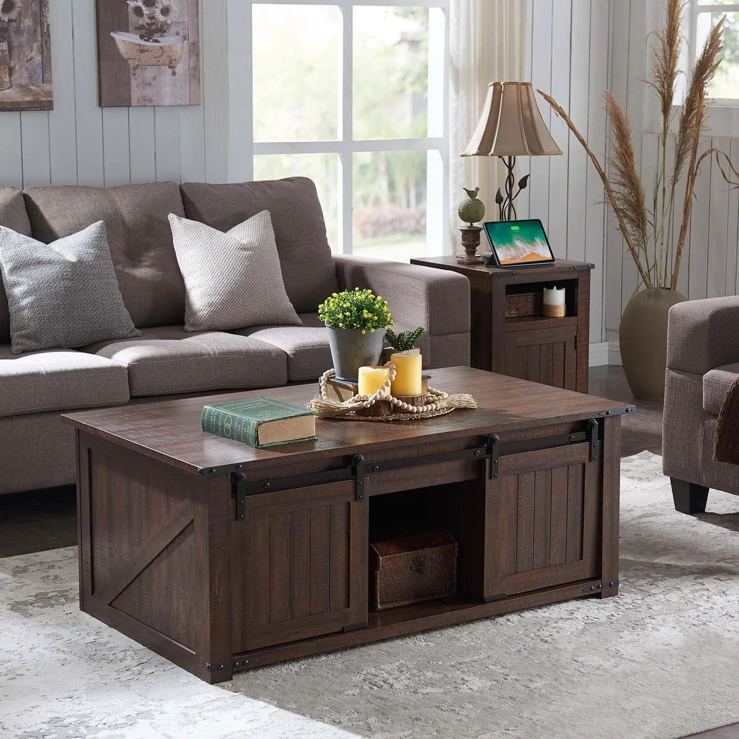 Coffee Table, Farmhouse Cocktai with Sliding Groove Barn Door, Rustic Wood Center Table w/Double Storage Spaces for Living Room