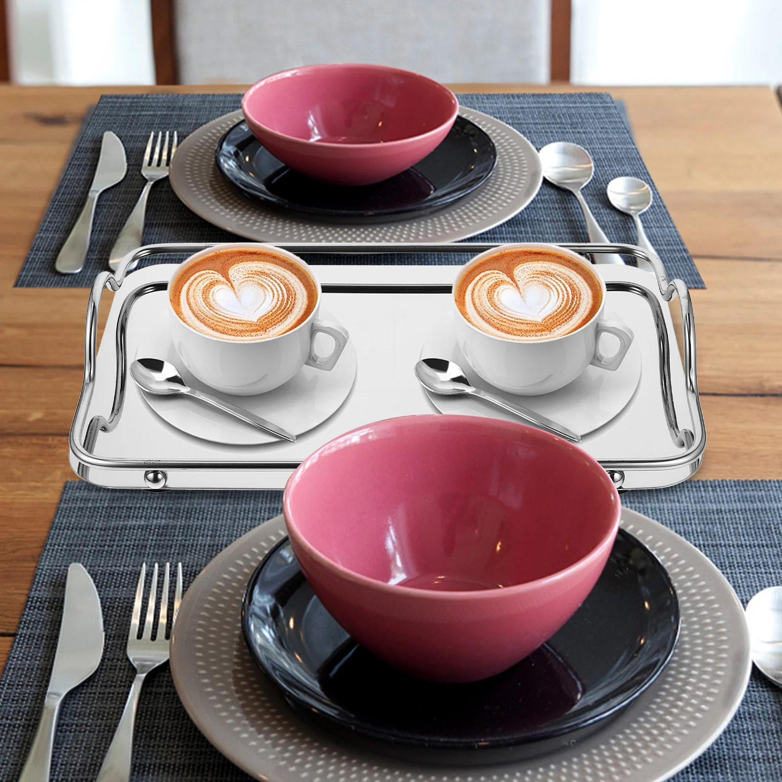 

Stainless Steel Rectangular Tray Portable Serving Tray Handles for Home Party Restaurant Coffee Bar Snacks Trays for Eating