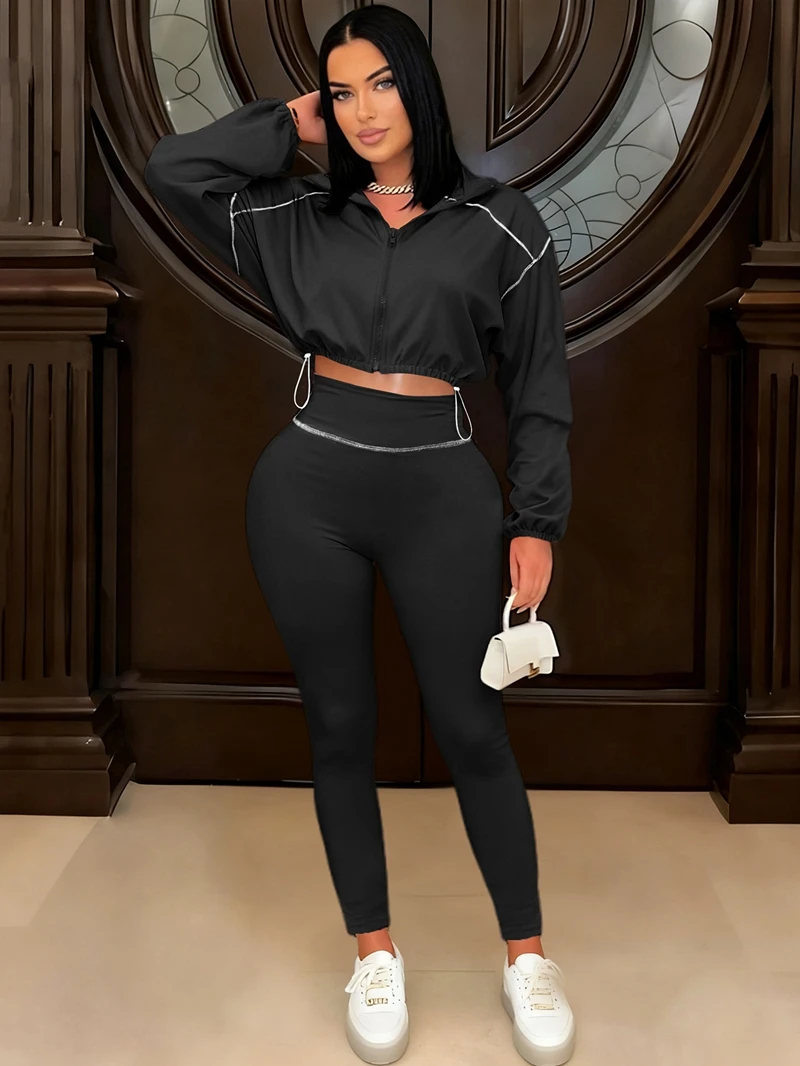 Stilvolle Dame Sport 2-teiliges Set Frauen Langarm Zipper Crop Top und Dünne Hose Sets 2025 Herbst Casual Straße Trainingsanzüge