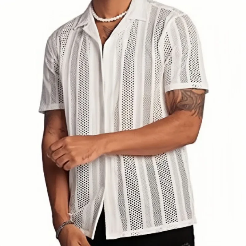 

Men's Shirts in Stock European and American Street Casual Button Knitted Short-sleeved Shirts Men's Shirts with Cutouts Fashion