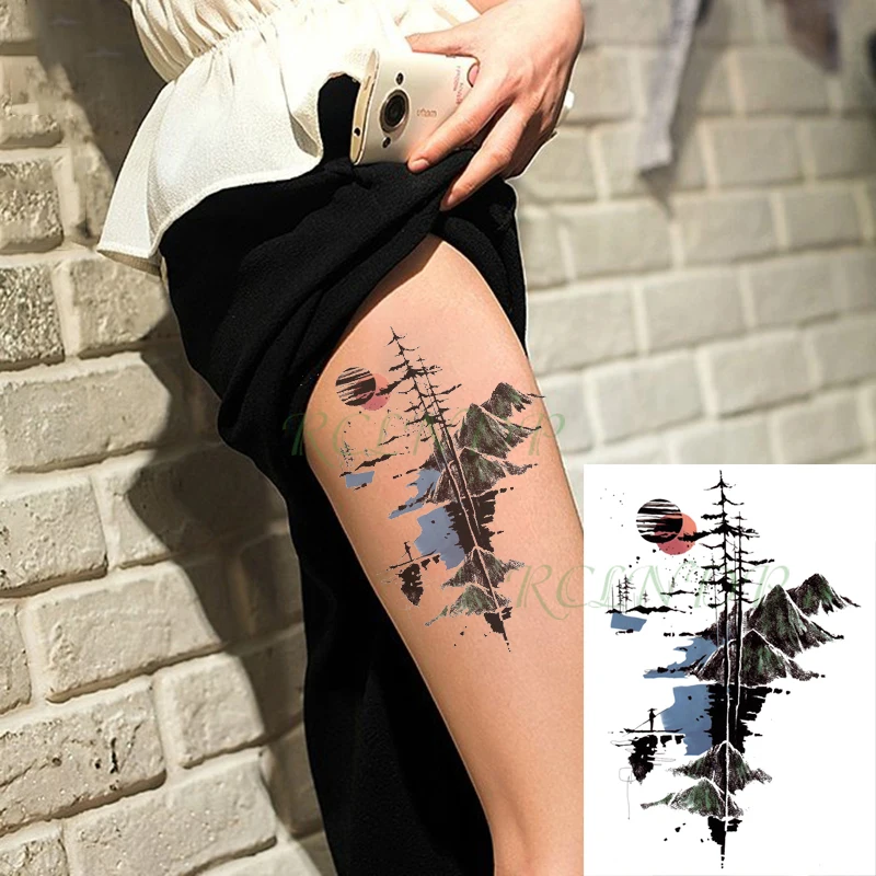 Waterproof Temporary Tattoo Sticker Moon Tree Forest Mountain Fake Tatto Flash Tatoo Back Leg Big Size Art for Women Men