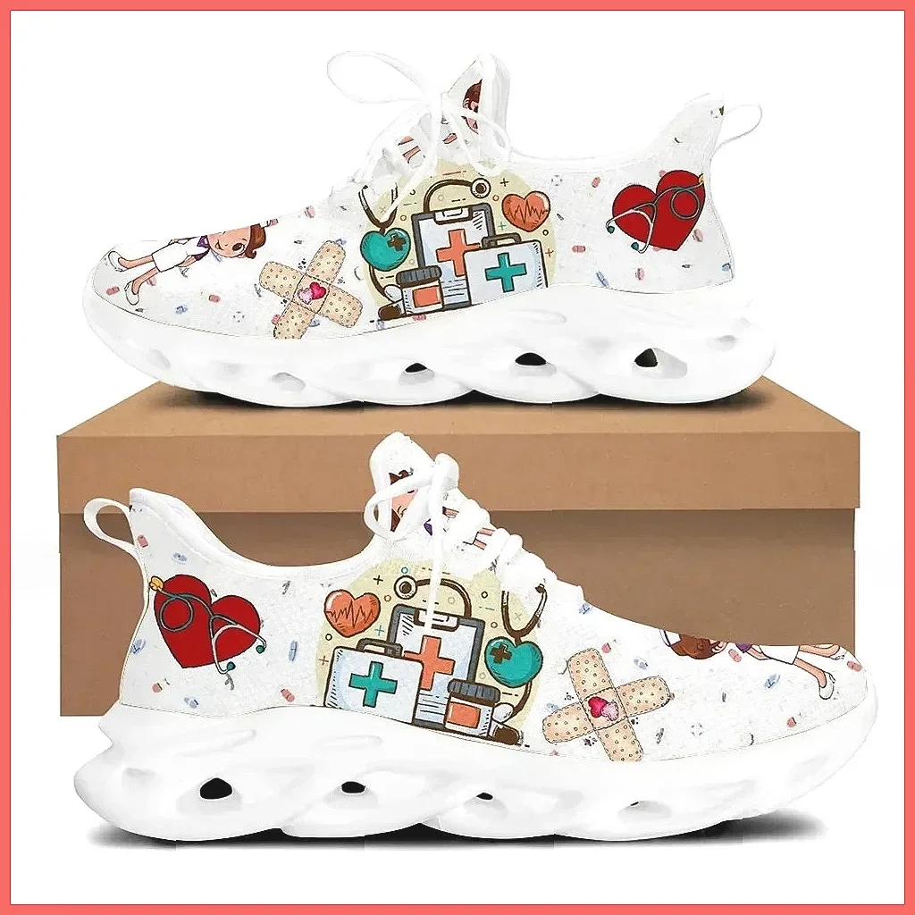 ** Cute Cartoon Print Women's Nursing Sneakers - White Medical Doctor Shoes Lightweight Lace-up Flats ** (72 characters) view 2