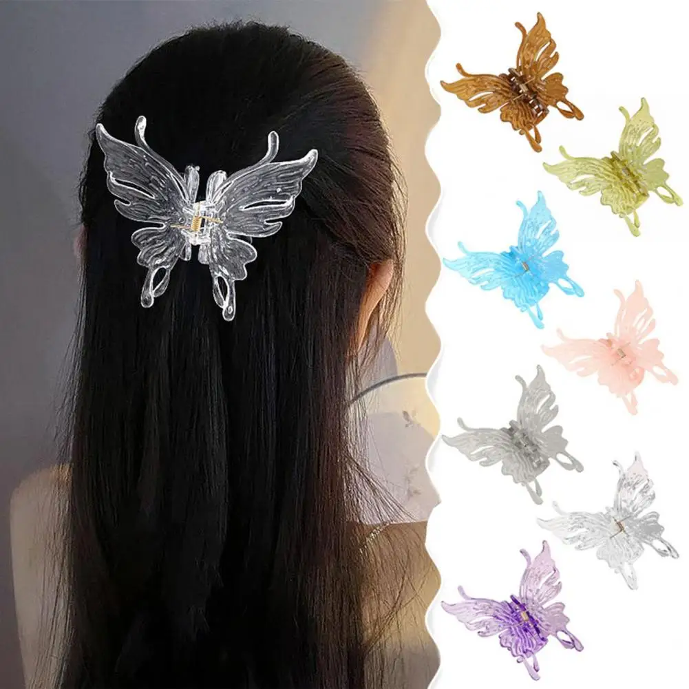 Butterflies Shape Hair Claw, Transparent, Anti-slip, Cross Teeth, Plastic Hair Clip, Back Head, Shark Hairpin, Hair Accessories