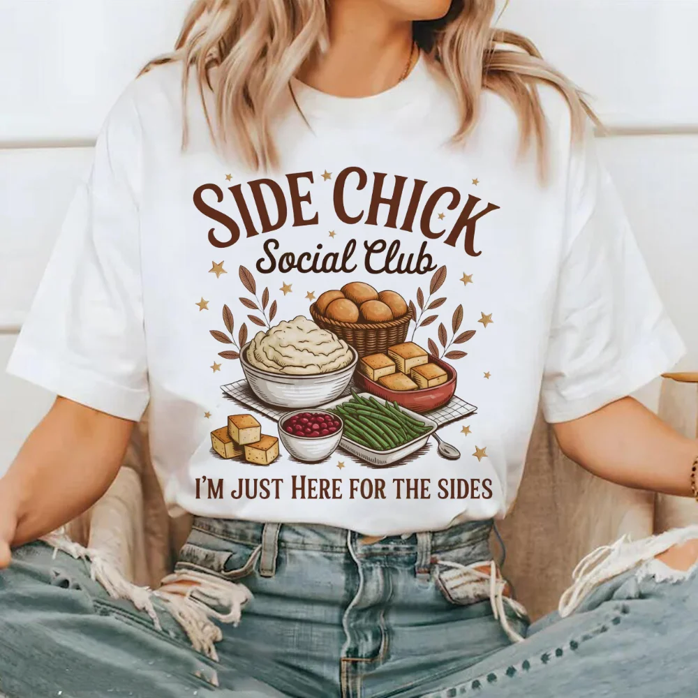 Side Chick Food Social Club 패턴 프린트 오넥 탑 캐주얼 여성 반팔 귀여운 다용도 인기 레귤러 티셔츠