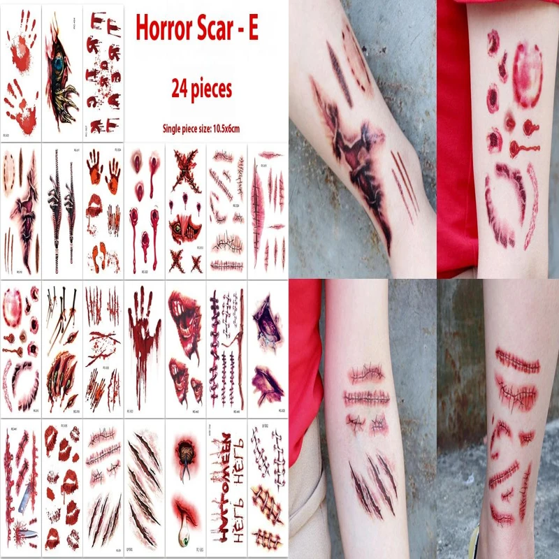 

24 Sheets Transfer StickerHalloween 3D Fake Horrible Scar Temporary Tattoos Bloody Wound & Zombie Designs For Face/Body