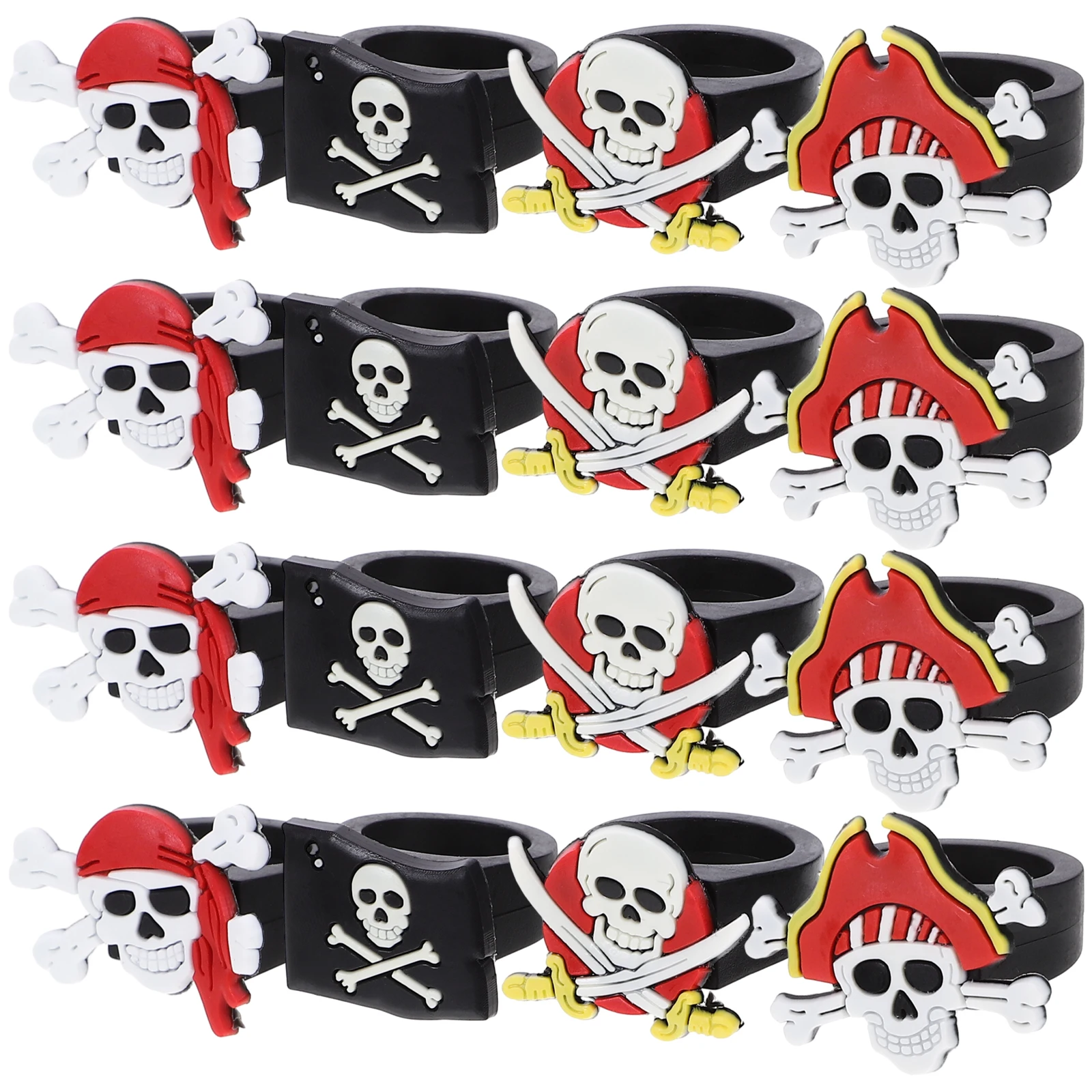 16 anelli morbidi in PVC a tema pirata per bambini, cartoni animati, bomboniere, decorazioni di compleanno, giocattoli, set di anelli di gomma creativi