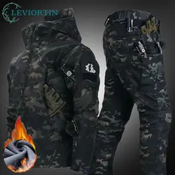 Outdoor Shark Skin Soft Shell Assault Suit Set Men Autumn Winter Fleece Lined Warm Jacket & Pants For Fishing, Skiing, Cycling