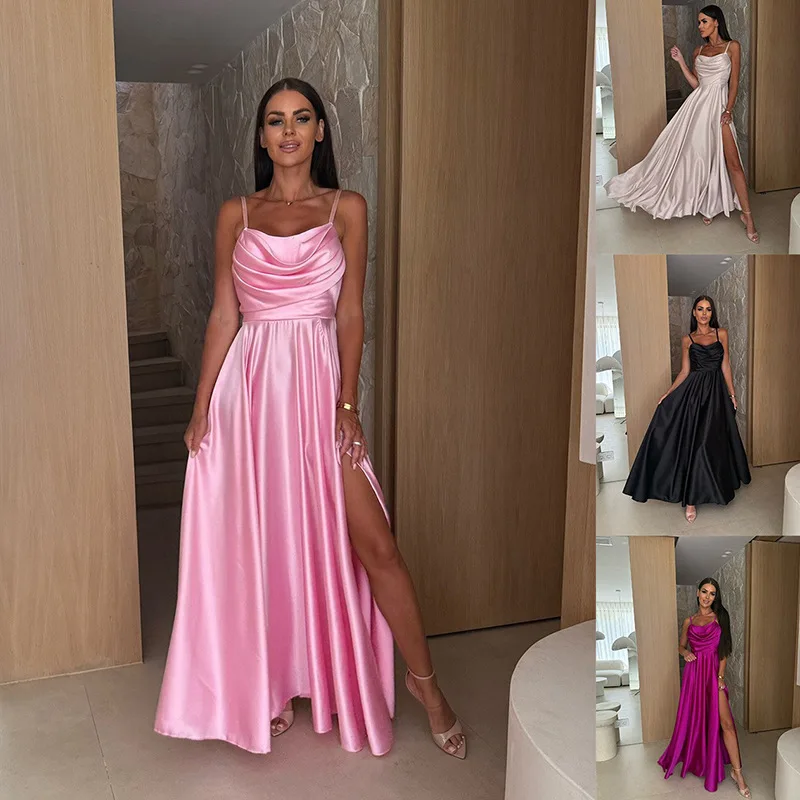 Vestido elegante de satén para mujer, Maxi vestido de playa para pierna Sexy con abertura lateral, correas ajustables, vestido de fiesta de noche, vestidos de dama de honor baratos