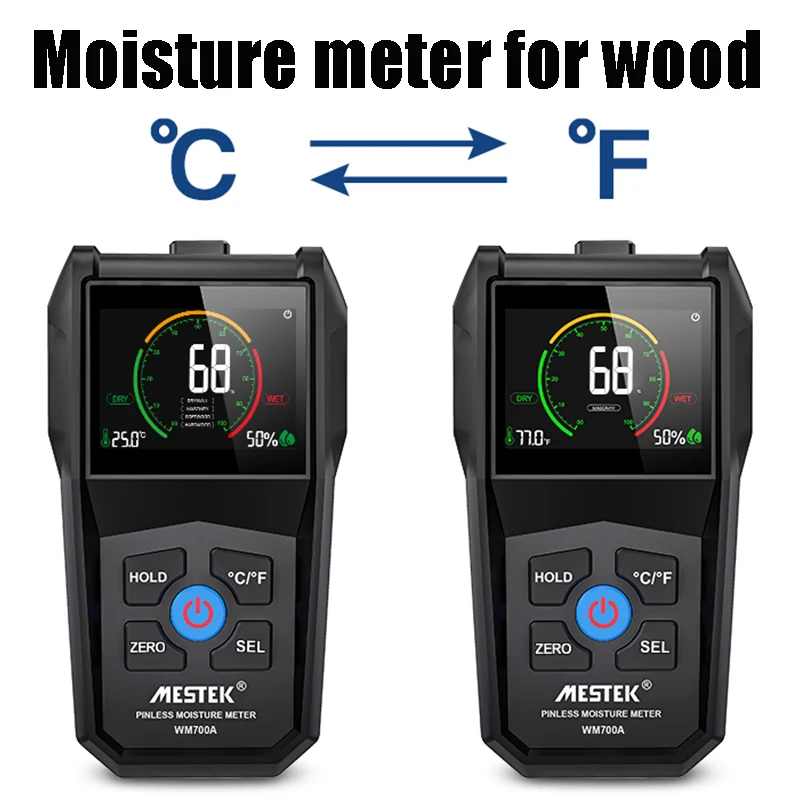 Mestek Pinless Wood Moisture Meter Hygrometer Timber Damp Detector Tree Density Digital Wood Humidity With Calibration Function