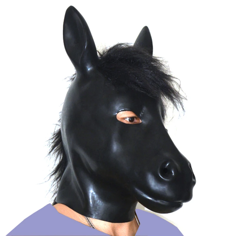 

Latex Horse fetish Mask with back zipper plus thickness Horses slave hood with Hair have blind version