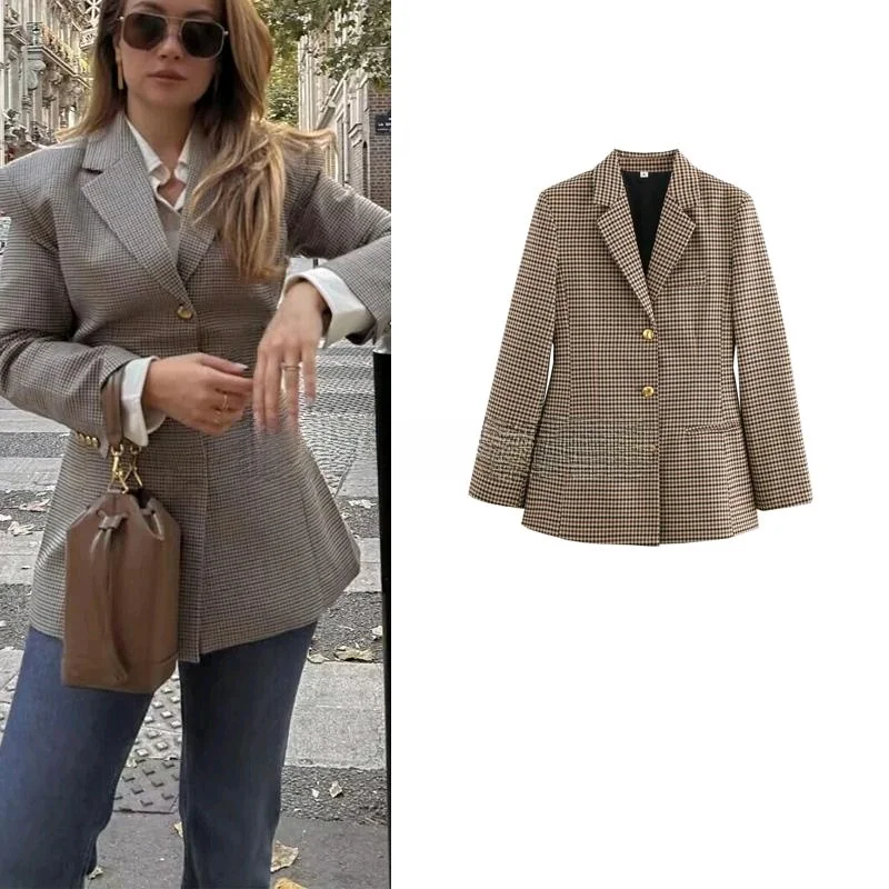 

Spring New Arrival Women's Briti Sle Long Sve Turn-down Collar Single Buttoned Belted Plaid Suit Jaet Commute Sle ...