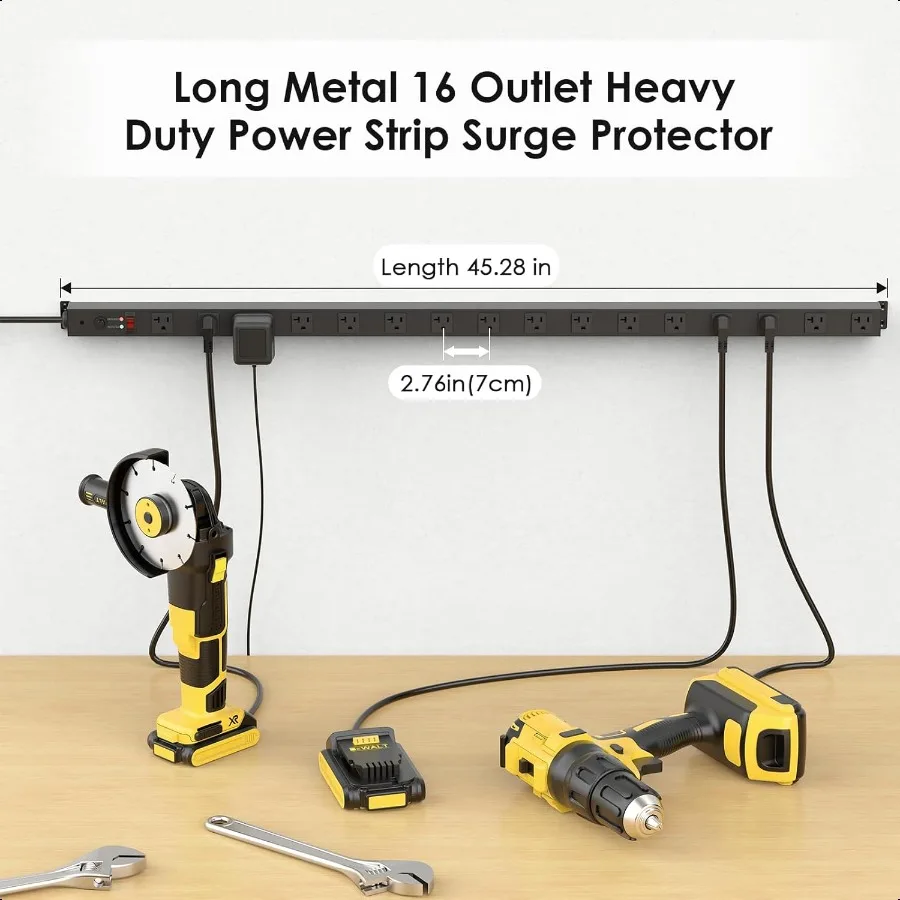Regleta de corriente larga de Metal con 16 salidas, reglas de alta resistencia, protección contra sobretensiones 4800J con disyuntor, enchufe espaciado amplio de 20a Wal
