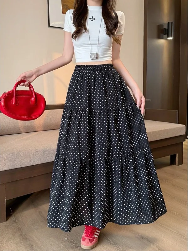 

Sweet Style plus Size Women's Summer High Waist Midi A-Line Skirt Polka Dot Patchwork Casual Skirts Korean Style Commute