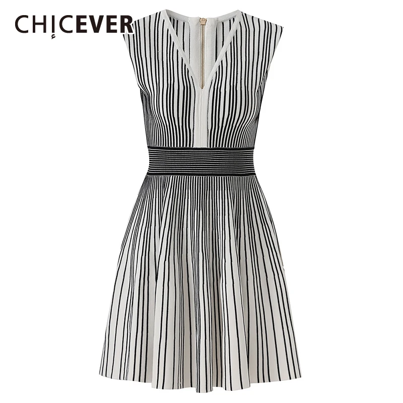 

CHICEVER Hit Color Spliced Striped Women's Dress V Neck Sleeveless High Waisted Slimming Casual Dresses Female Summer Style New