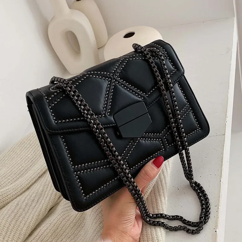 Vintage Rivet Chain Small Shoulder Bags For Women Flap PU Leather Fashion Small Square Crossbody Bag Designer Handbag