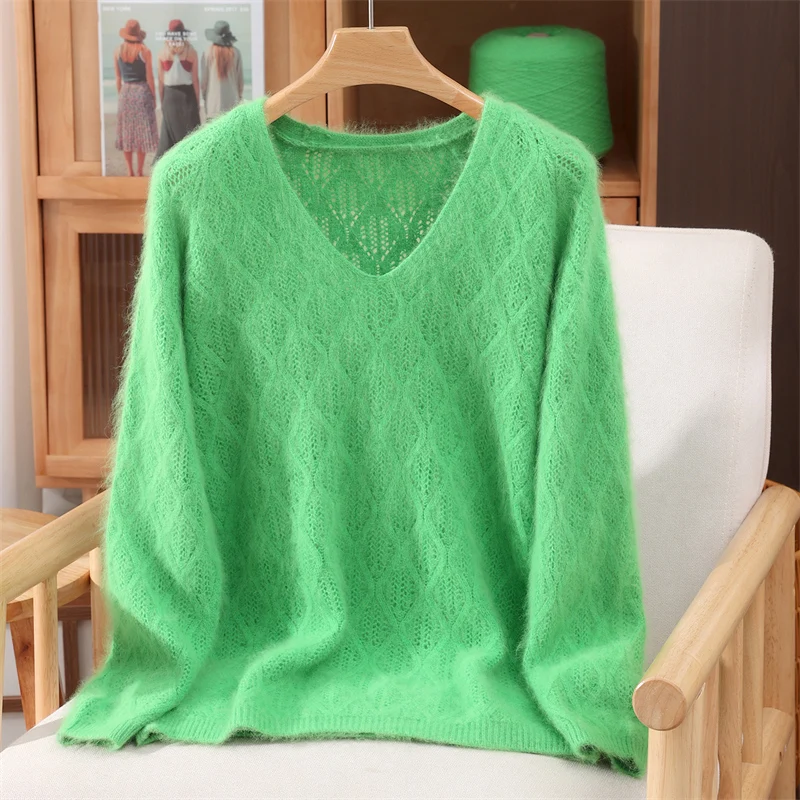Chic V-Neck Gentle Hollow Out Pure Color Sweater Women's Pullovers Basic Soft Warm 100% Mink Cashmere Casual Loose Tops