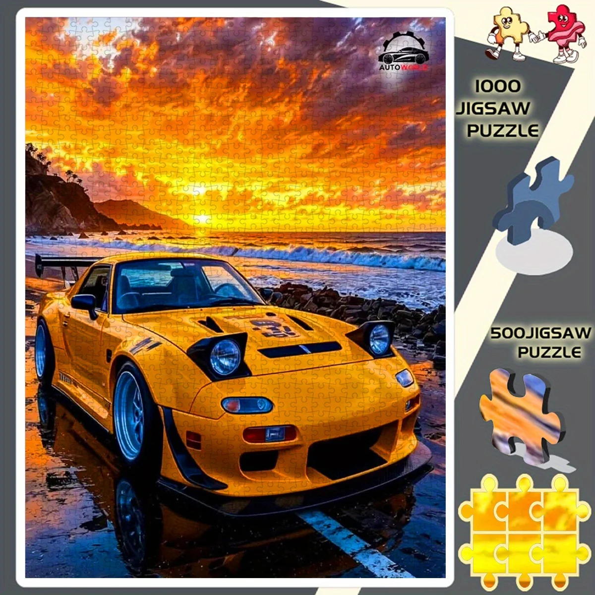 Vibrant Yellow Sports Car at Coastal Sunset Scene Jigsaw Puzzle Adult Automotive Theme Intellectual Game Home Leisure Decorative