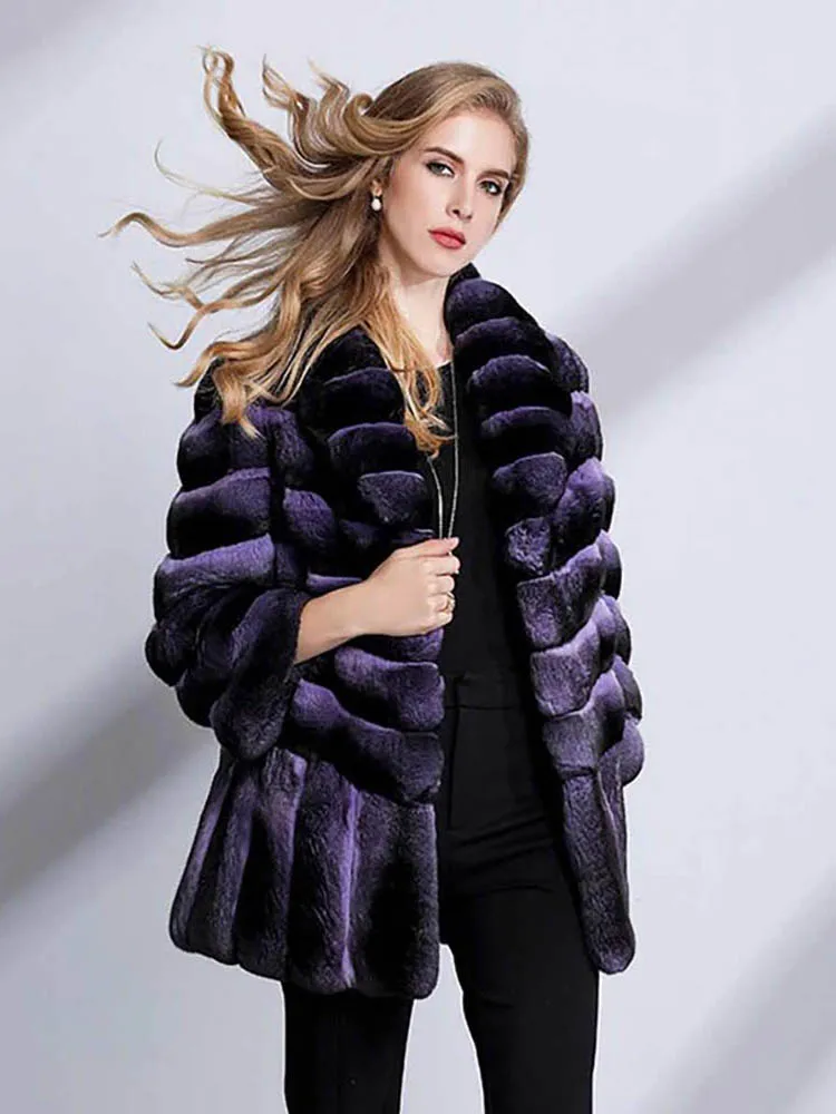 

Lapel Real Fur Strip Sewed Rex Rabbit Fur Coat Women Winter Fashion New Thicken Outertwear Genuine Casual Fur Jacket Female