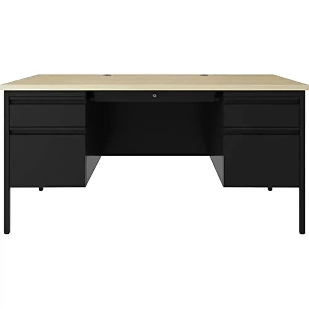 Professional Steel Pedestal Desk with Maple Laminate Top Cord Management Grommets Reinforced Frame Beige Color Square Shape