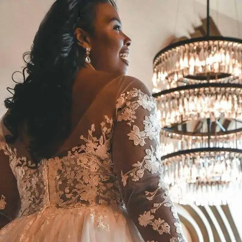 Customized Plus Size A Line Wedding Dresses Long Sleeves Puffy Tulle Bridal Gowns Appliqued Lace Ruched Open Back African Bride