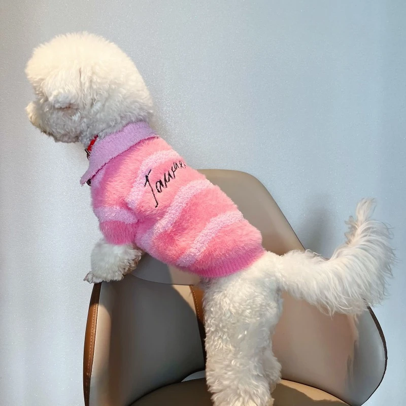 Pet Striped Collar Sweater Autumn and Winter Pink Mink Fur Warm for Small Medium-sized Dogs Cats Cardigans Clothes Schnauzer