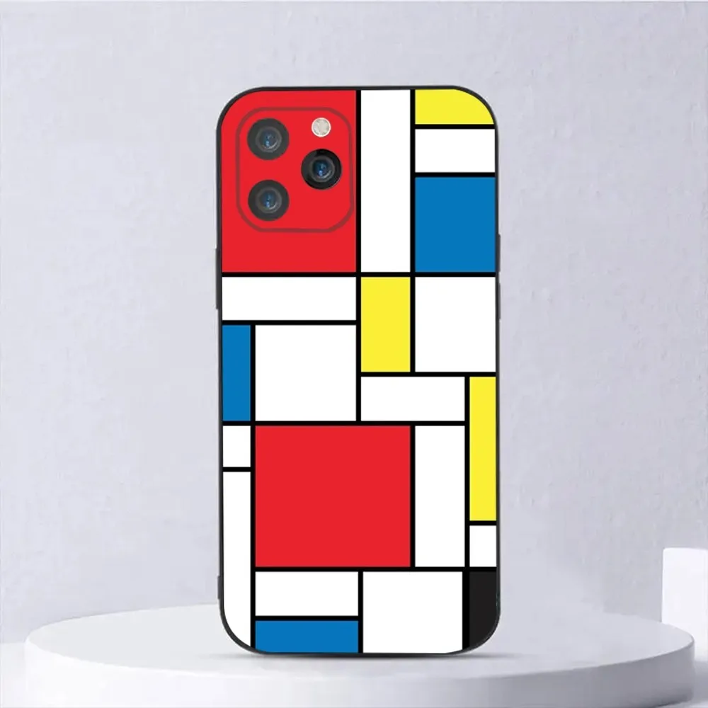 pattern Bauhaus Style Abstract Piet Mondrian Phone Case For iPhone 15,14,13,12,11,Plus,Pro Max,XS,X,XR,SE,Mini,8, Silicone Black