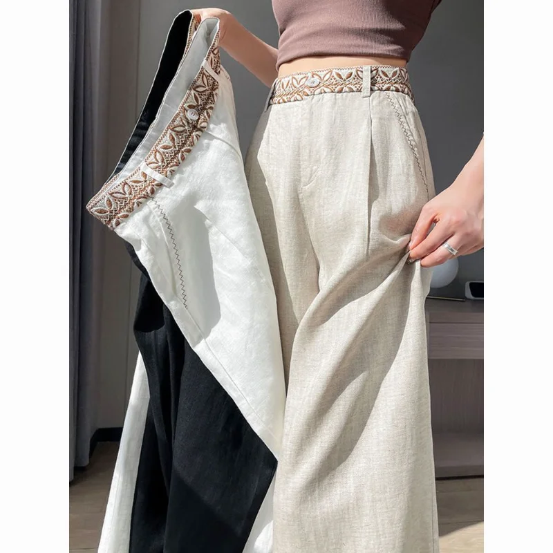 Ice Silk Cotton Linen Summer High Waist Loose Thin Casual Draping Straight Wide-leg Pants