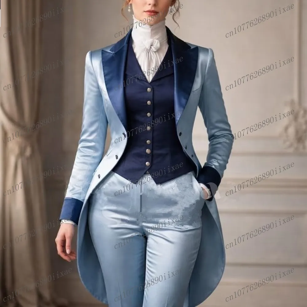 

Небесно-голубой и темно-синий женский костюм из ацетатного сатина, деловой смокинг для женщин, свадебный или праздничный наряд, комплект из 3 предметов: пиджак, жилет, брюки.