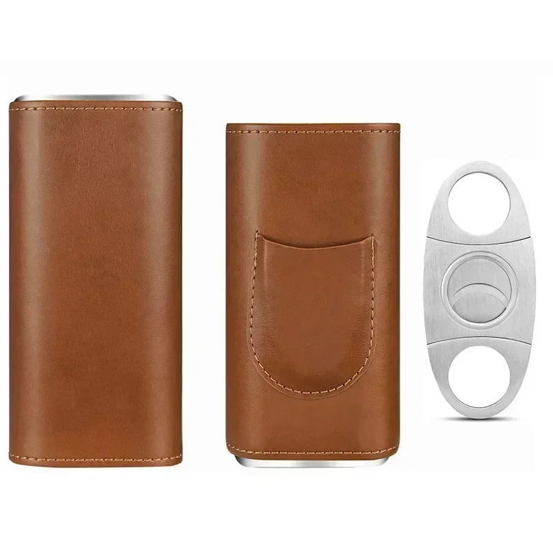 Cigar Case with Cutter Humidor Travel Cigar Pouch, Leather Box, 3 Finger, Portable Holder Tube