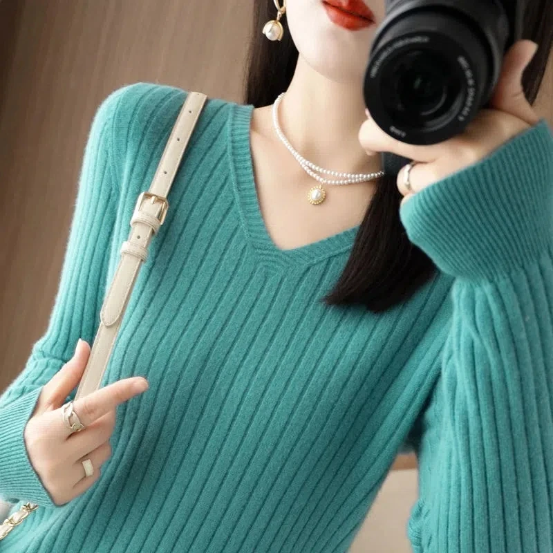 Herbst Winter frauen Pullover Pullover 2025, Neue Feste V-ausschnitt Elastische Gestrickte Pullover Jumper Kurze Unterwolle Casual Weibliche Tops